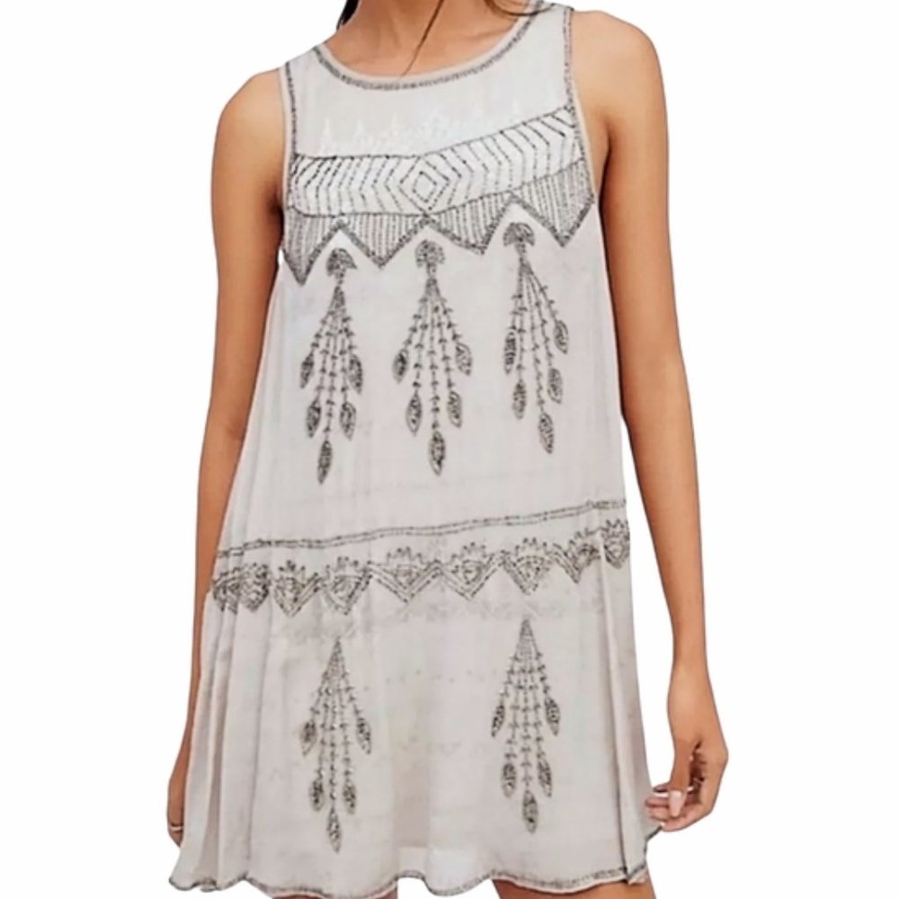 Free People Delilah Shift Dress Beaded Tan Crinkle Sleeveless Mini Medium M